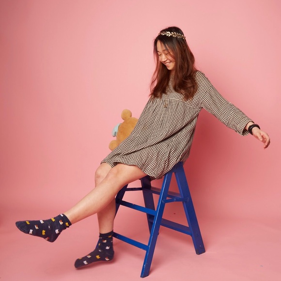 Muji Dresses & Skirts - MUJI 3/4 sleeve brown check mini dress